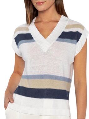 Kinross Stripe Sleeveless Vee in Indigo Multi 100% Linen
